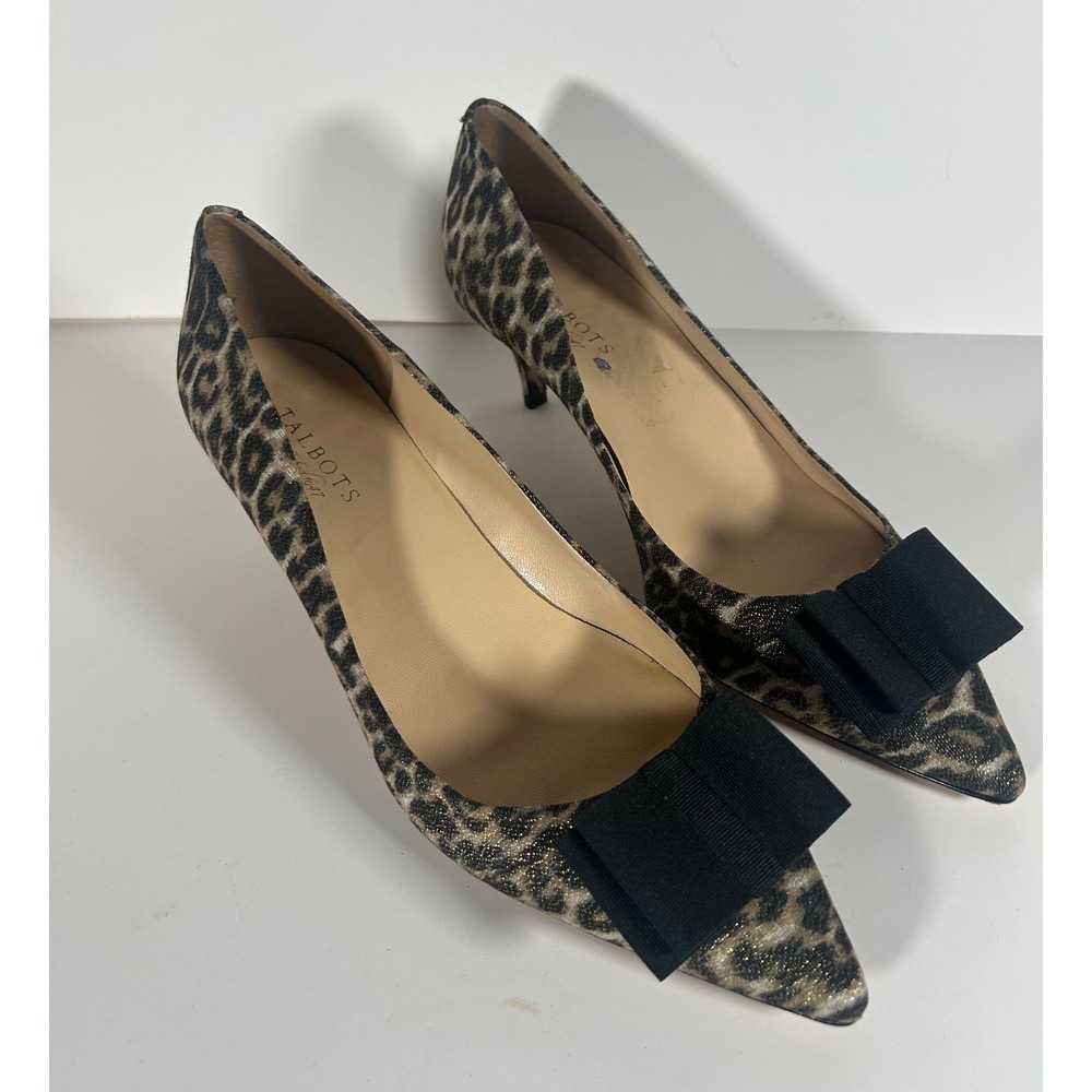 Talbots Leopard Print Bow Pumps Metallic Gold Kitten Heels Size 11B Brazil